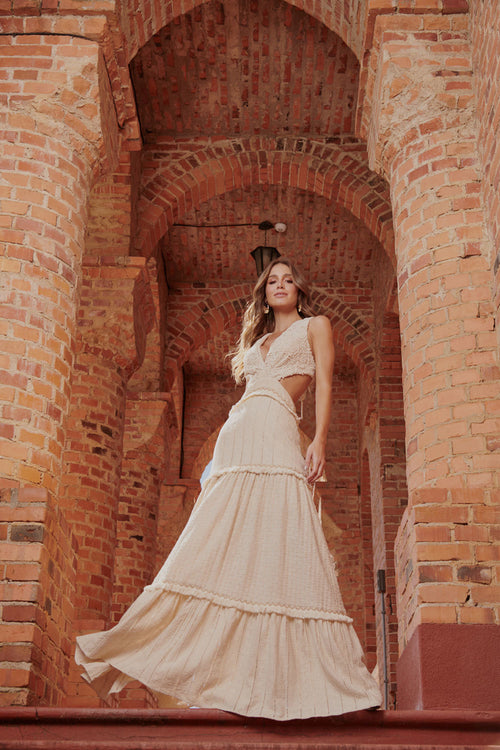 Long Embroidered Linen Dress With Lace