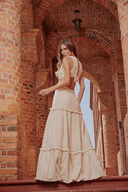 Long Embroidered Linen Dress With Lace