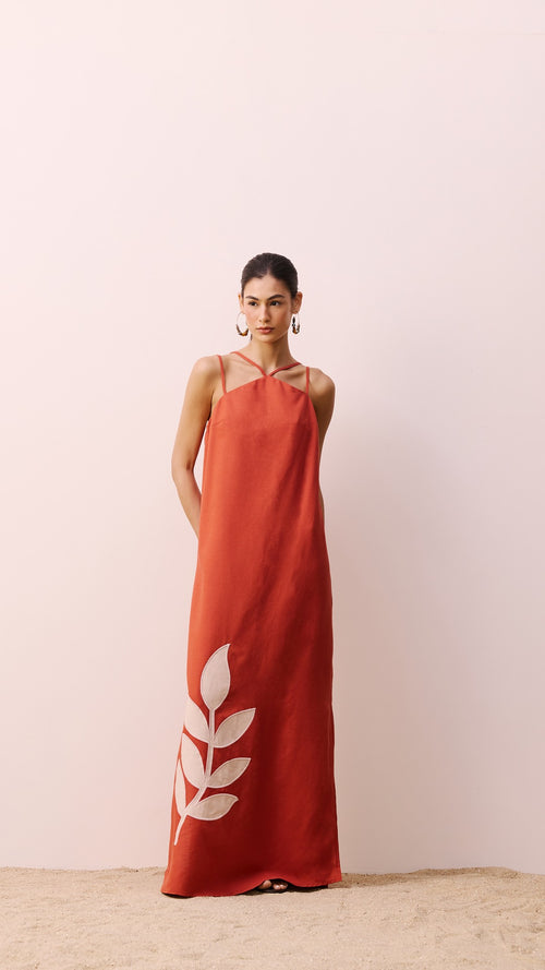 Embroidered Leaf Print Dress - Brown