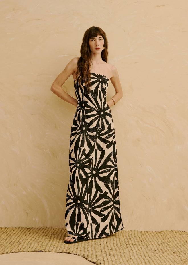 LONG PRINTED STRAPLESS DRESS