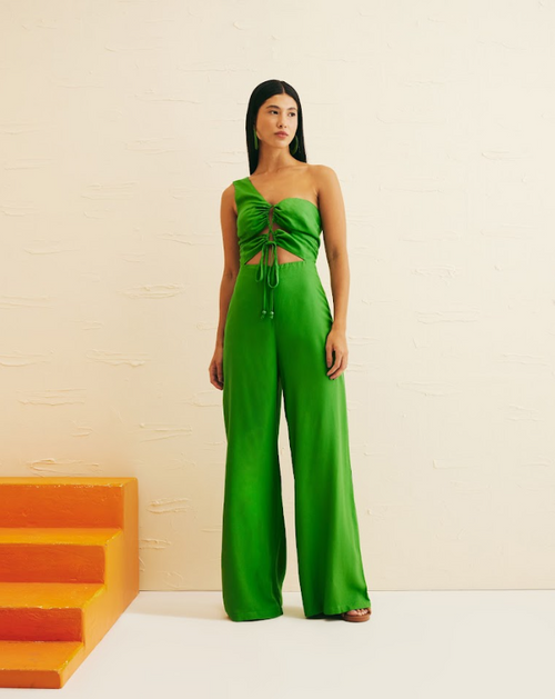 One Shoulder Green Jumpsuit