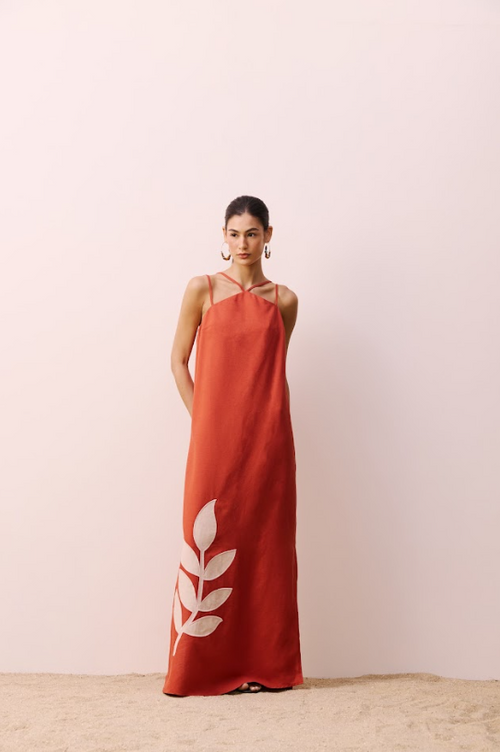 Embroidered Leaf Print Dress - Brown