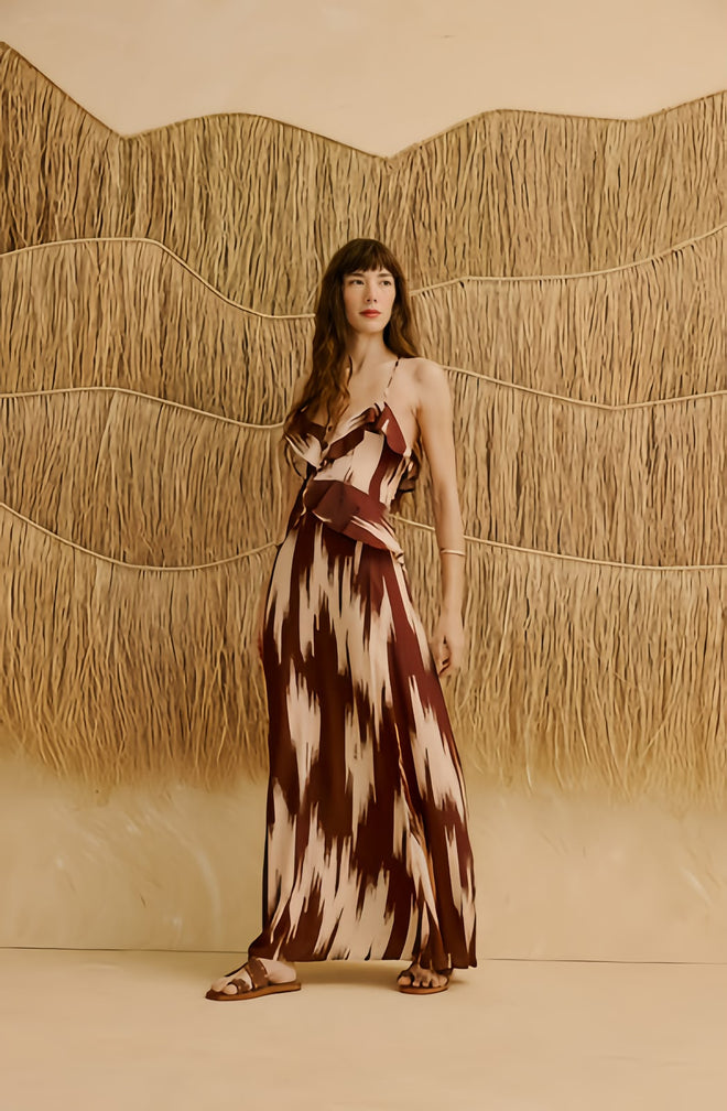 RUFFLED NECKLINE LONG DRESS