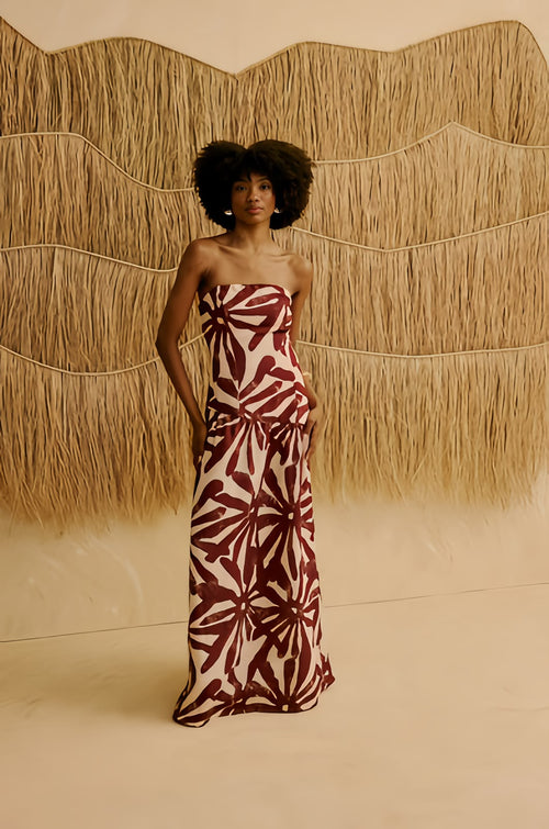 LONG PRINTED STRAPLESS DRESS