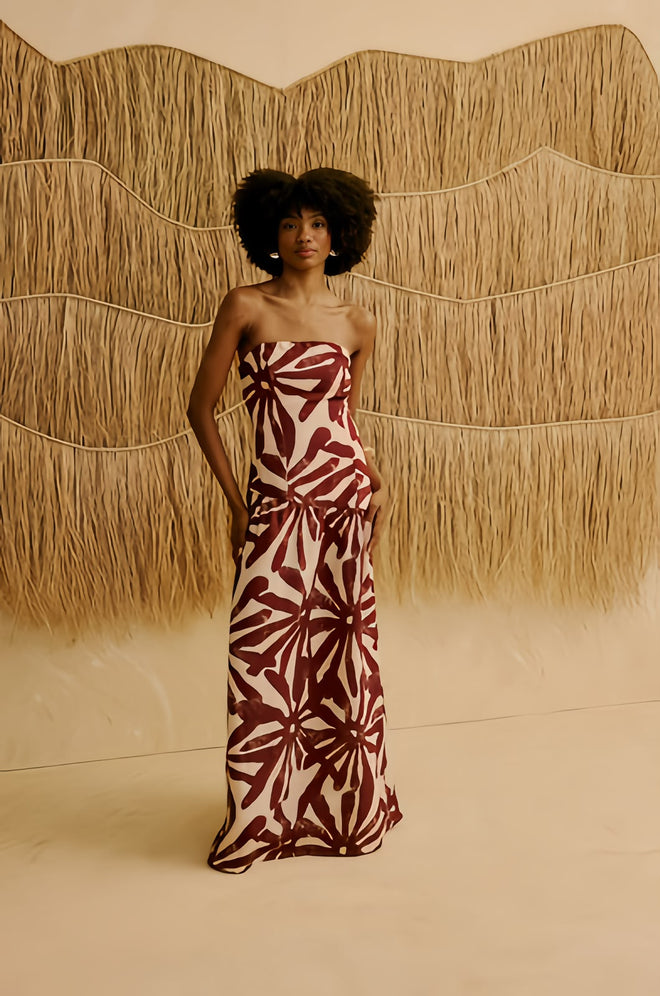 LONG PRINTED STRAPLESS DRESS