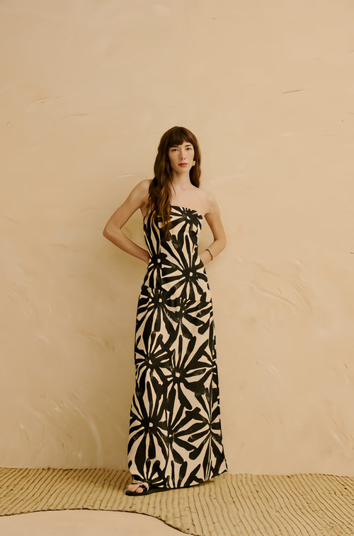 LONG PRINTED STRAPLESS DRESS